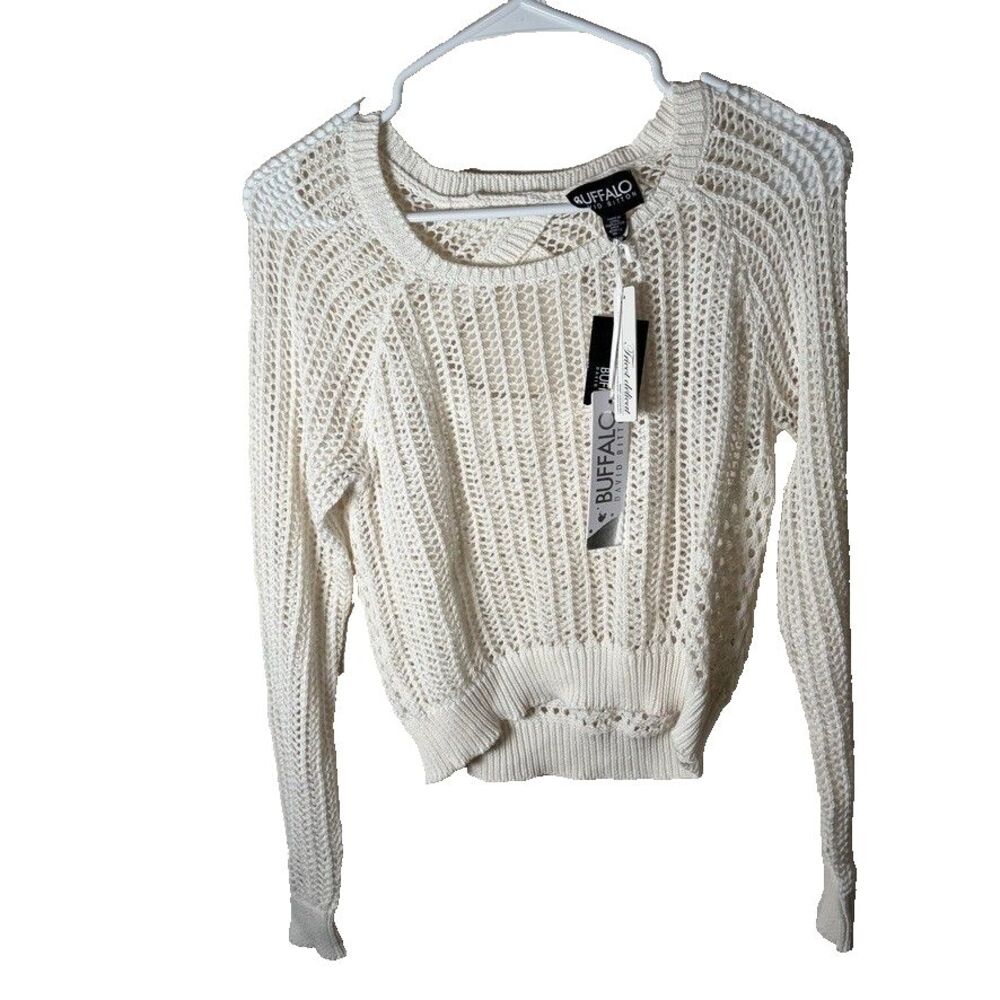 Buffalo David Bitton Sweater Women's Medium Open Knit Sheer Round Neck Crop NWT
